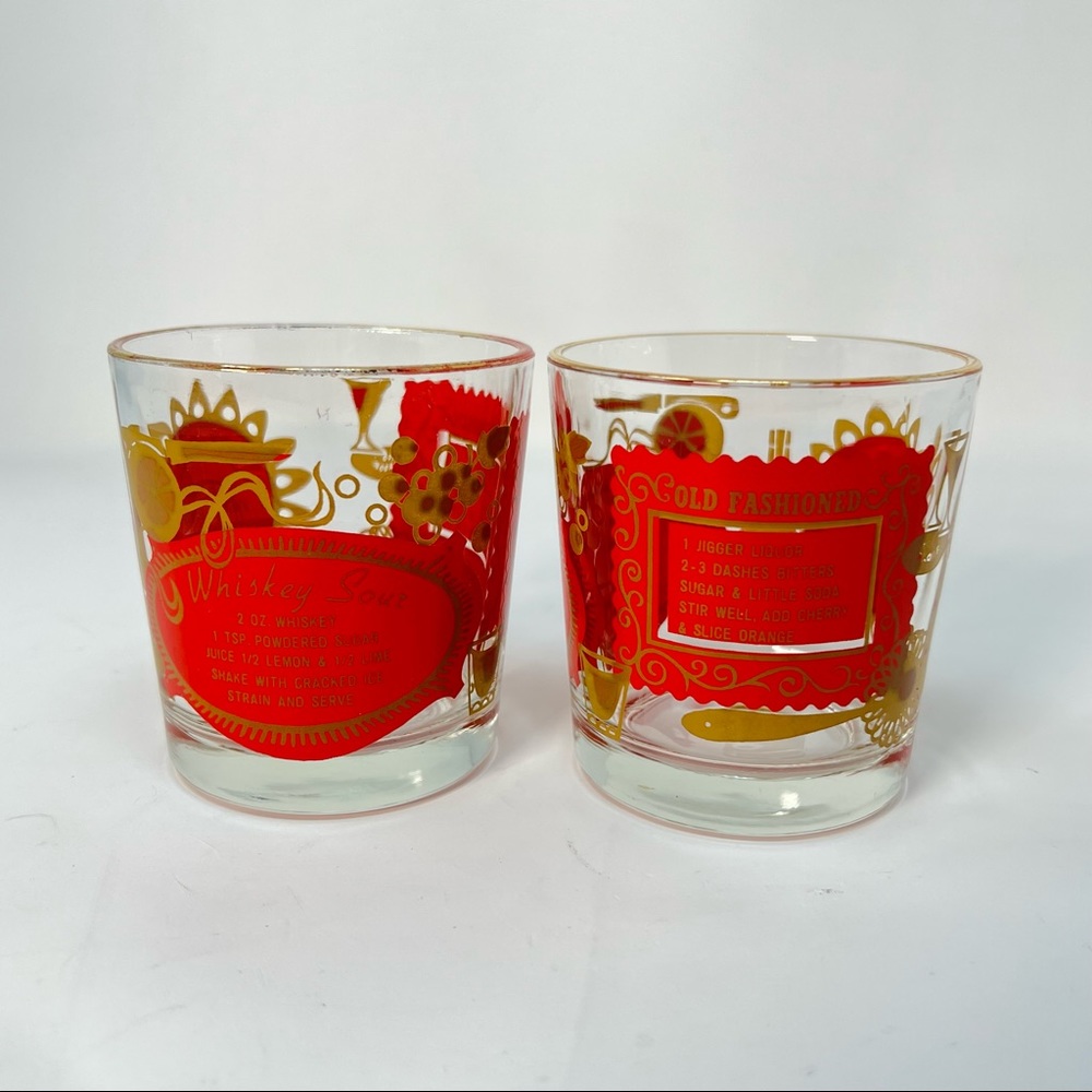 Vintage MCM Jeanette Glass 2 Cocktail Glasses Red & Gold Recipe Pattern